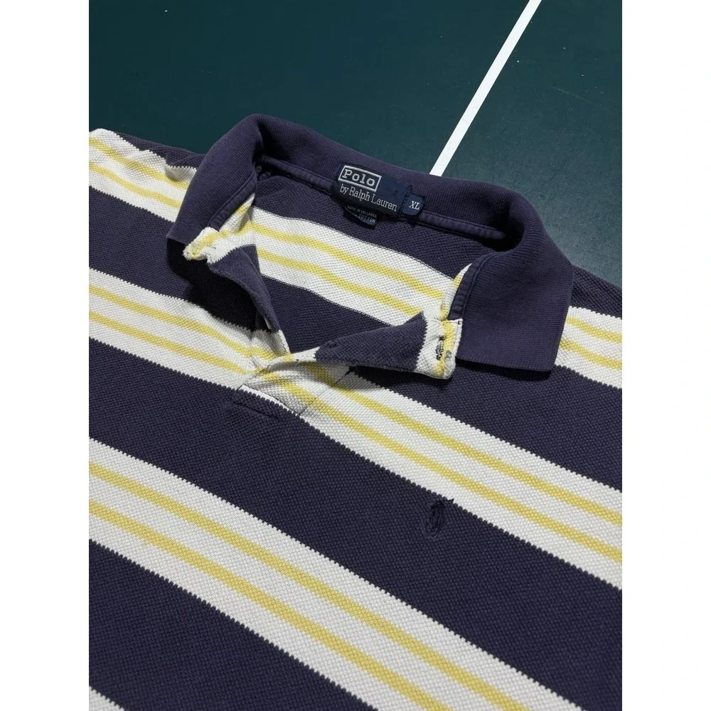 Vintage Polo Ralph Lauren Polo Shirt Men Large Blue Yellow Striped Cotton Pique